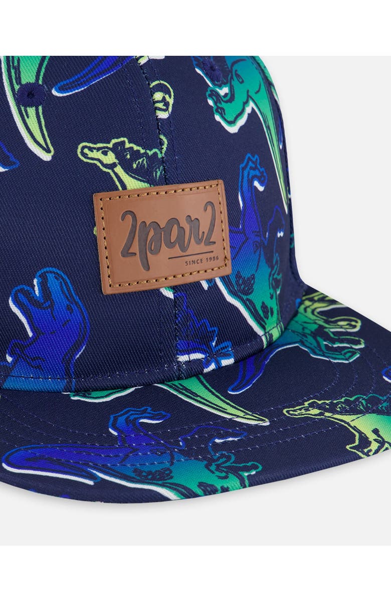 Deux par Deux Boy's Printed Cap Blue And Green Dino On Navy, Alternate, color, Blue And Green Dino On Navy
