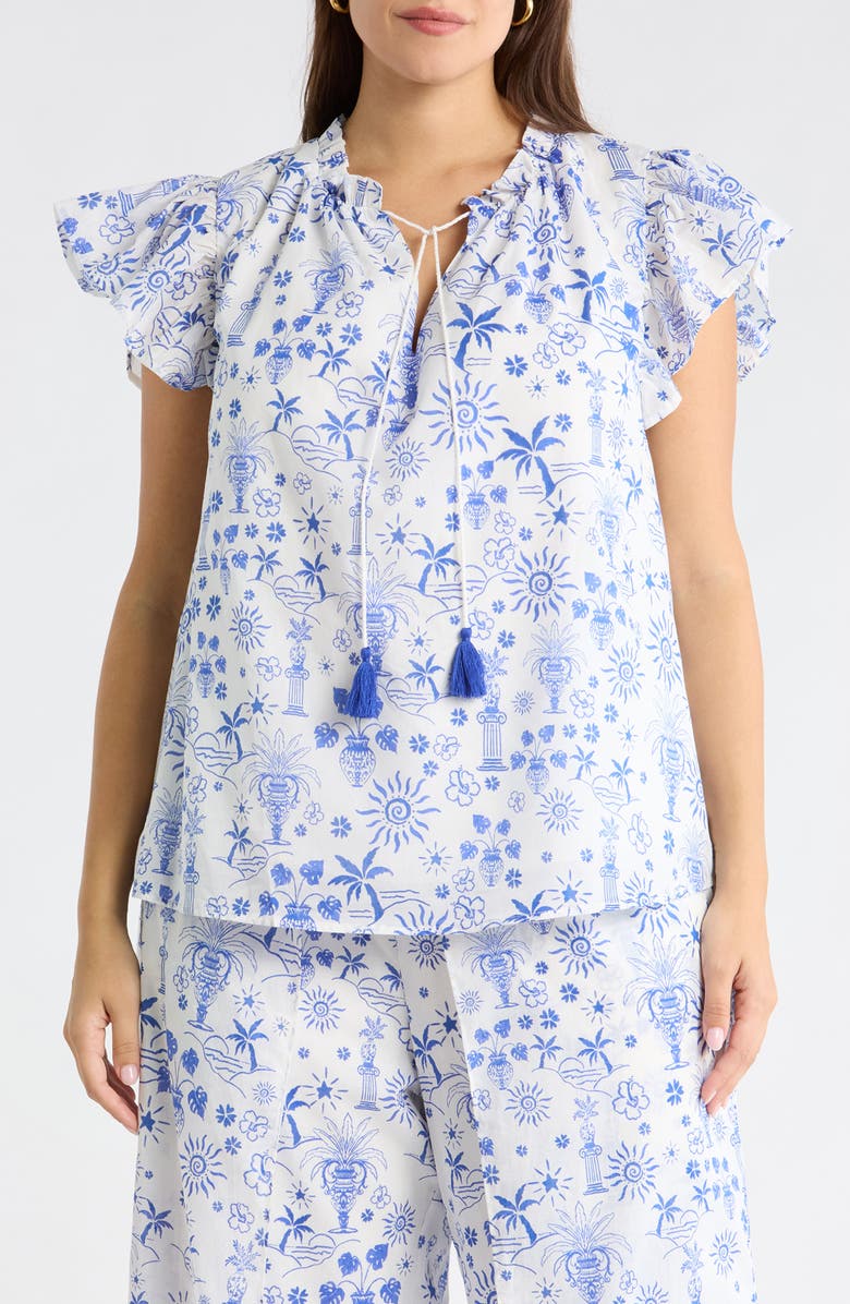 SUGARLIPS Azul Tropics Deniza Split Neck Top, Main, color, Blues White