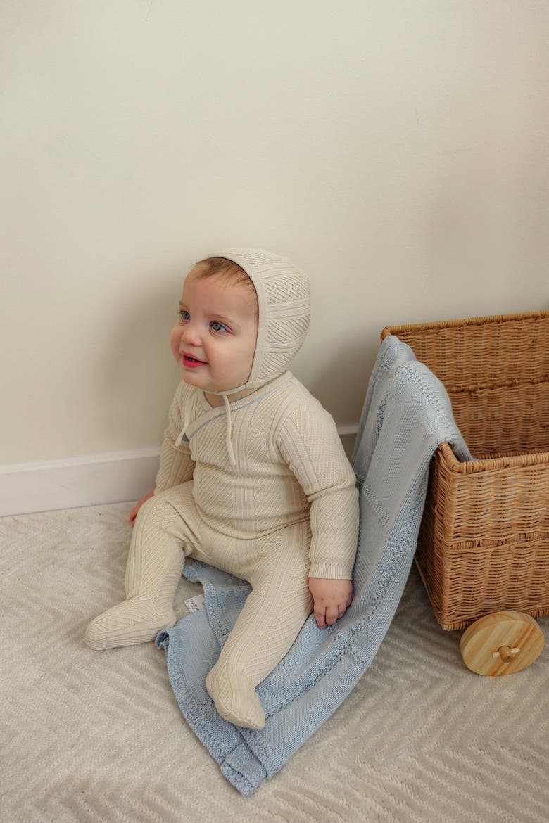 Boy Lace Textured Cotton Wrap Romper with Bonnet, Alternate, color, Natural/Blue
