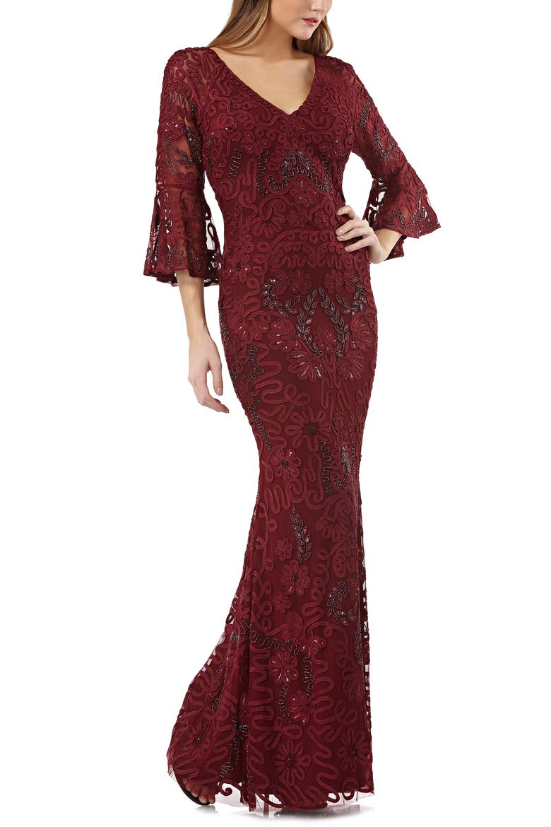 Soutache Embroidered Trumpet Gown, Main, color, CABERNET