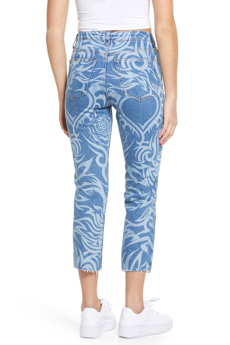 Laser Print Raw Hem High Waist Crop Straight Leg Jeans, Alternate, color, MID BLUE