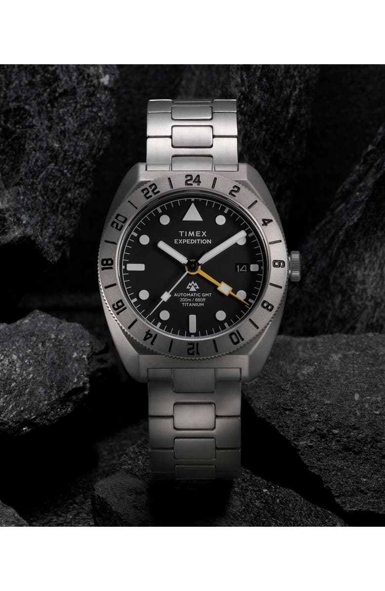 Timex<sup>®</sup> Expedition Pioneer Titanium GMT Automatic Bracelet Watch, 41mm, Alternate, color, Titanium