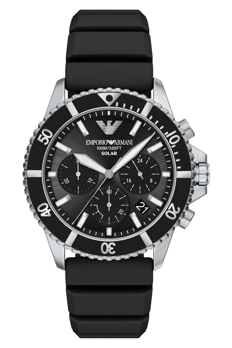 World Explorer Solar Chronograph Silicone Strap Watch, 43.5mm, Main, color, BLACK