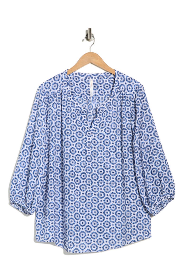 Split Neck Geo Print Top, Alternate, color, BLUE