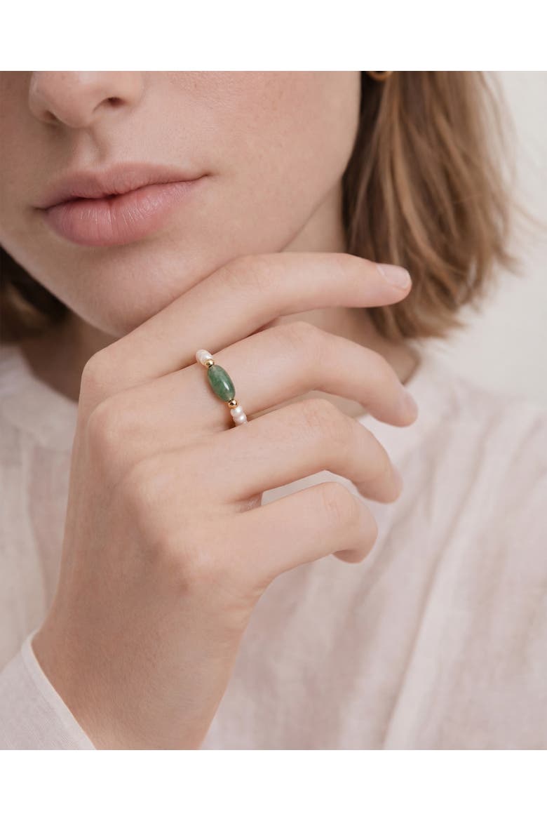 Isa Jade and beaded pearl stretch ring, Alternate, color, Light green