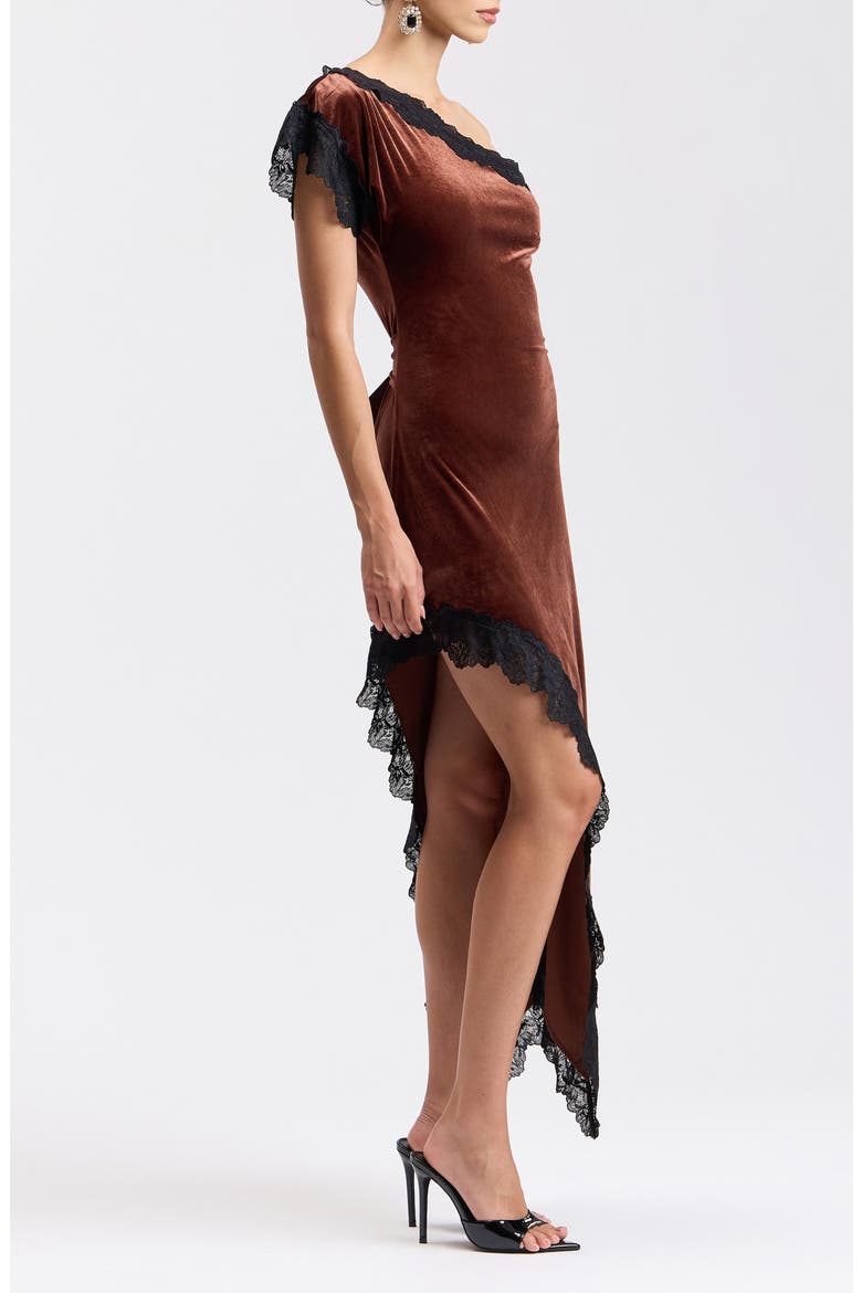 Lace & Velvet Asymmetric Dress, Alternate, color, CHOCOLATE
