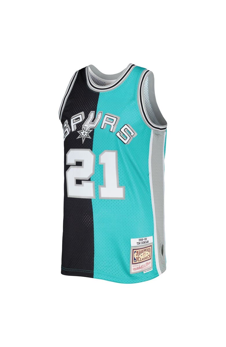 Mitchell & Ness Men's Mitchell & Ness Tim Duncan Black/Teal San Antonio Spurs Hardwood Classics 1998/99 Split Swingman Jersey, Alternate, color, 