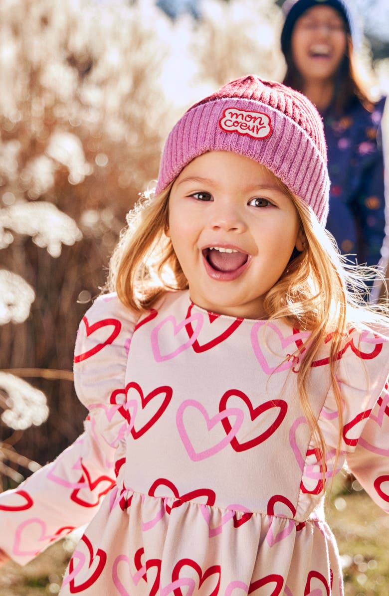 Mon Coeur Kids Heart Print Long Sleeve Ruffle Dress, Alternate, color,