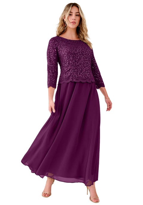 Plus Size Sequin Lace Three Quarter Sleeve A-Line Gown (Plus)