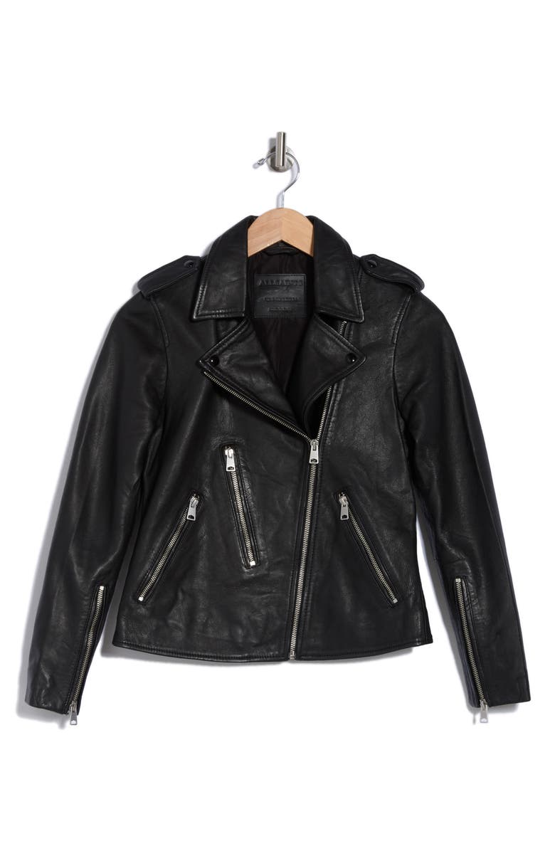 AllSaints Elva Lambskin Leather Biker Jacket, Alternate, color, Black