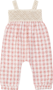LOLA Girl Checkered Flower Embroidery Adjustable Strap Overall