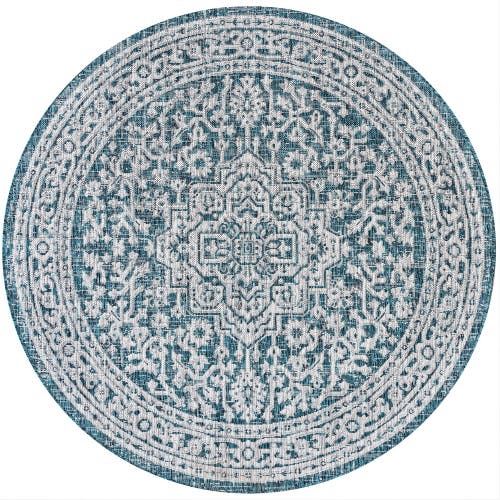 Jonathan Y Sinjuri Medallion Textured Weave Indoor/outdoor Round Area Rug In Teal Blue/gray
