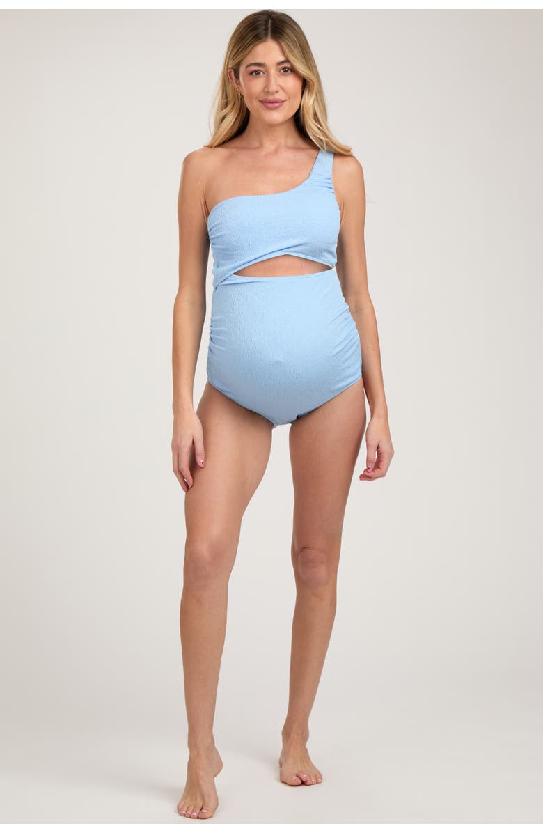 PinkBlush Asymmetrical One Shoulder Side Cutout One-Piece Maternity Swimsuit, Alternate, color, Light Blue