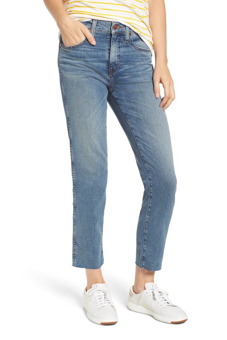 Raw Hem Slim Straight Leg Jeans, Main, color, FADED MEDIUM BLUE