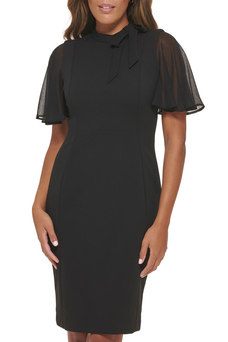 Sheer Flutter Sleeve Sheath Dress, Alternate, color, BLACK