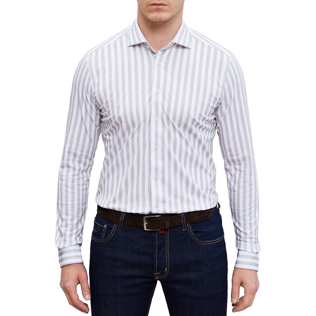 Emanuel Berg 4flex Modern Fit Stripe Knit Button-up Shirt In Light Grey