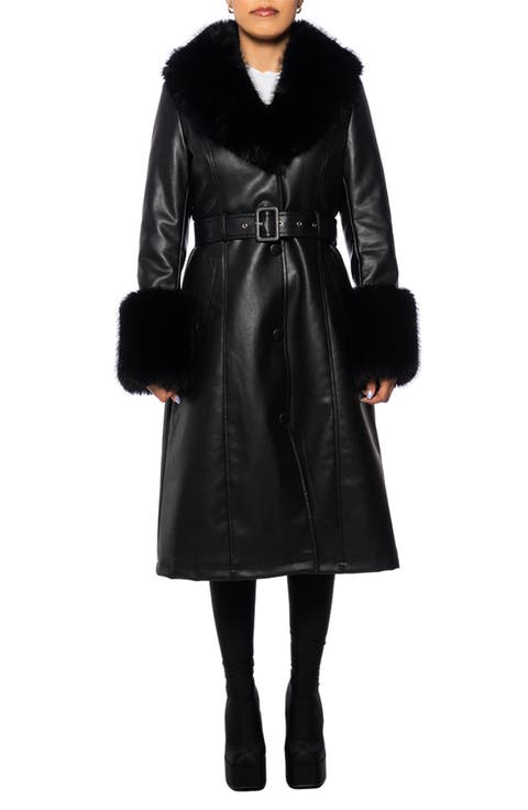 Belted Faux Leather Trench Coat with Faux Fur Trim