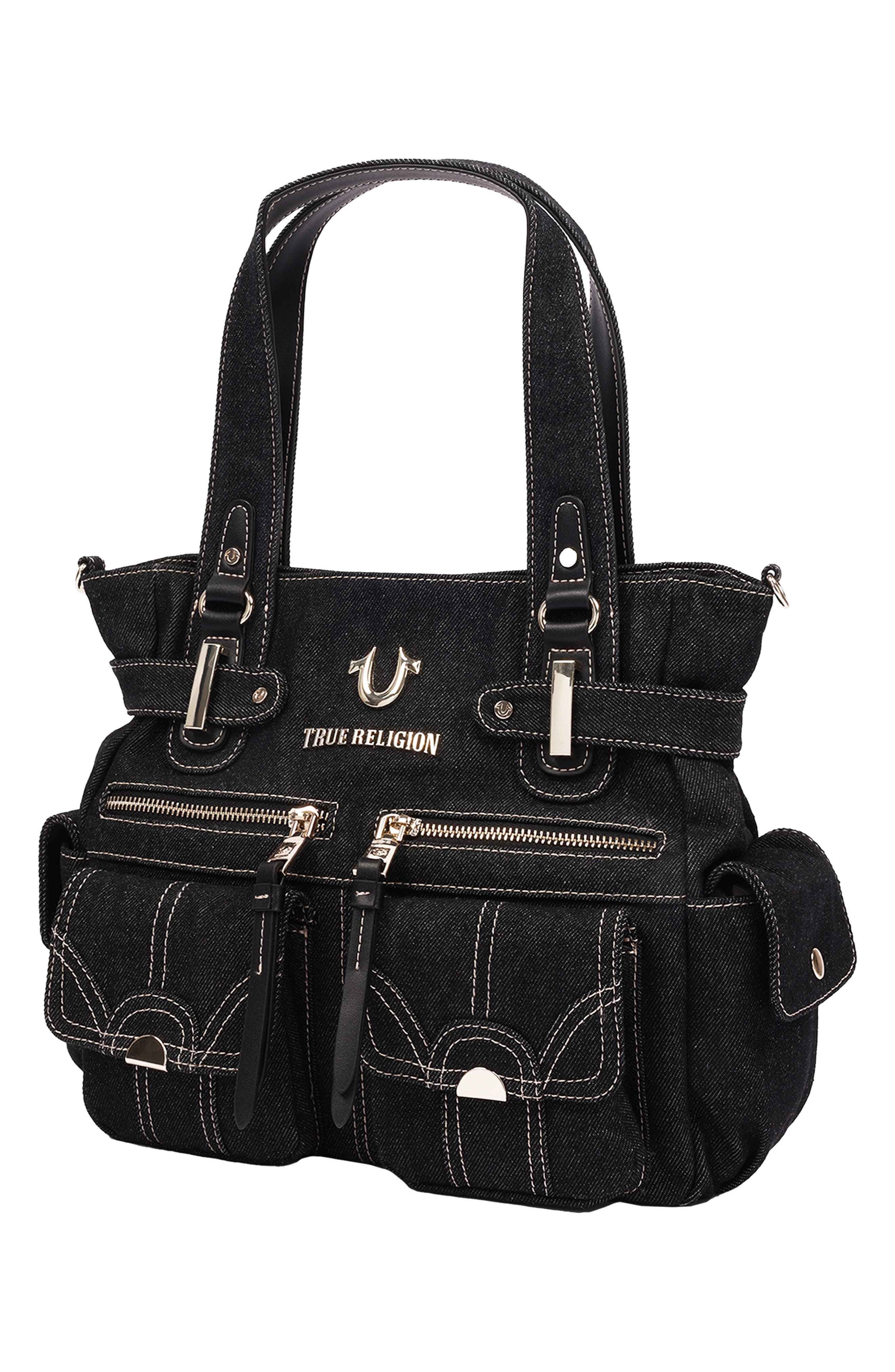 Multi-Pocketed Denim Tote, Alternate, color, BLACK