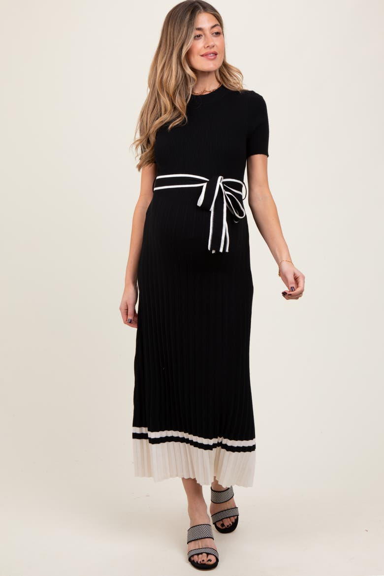 Ribbed Knit Pleated Midi Dress, Main, color, Black