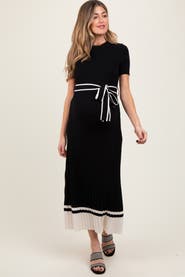 PinkBlush Ribbed Knit Pleated Midi Dress