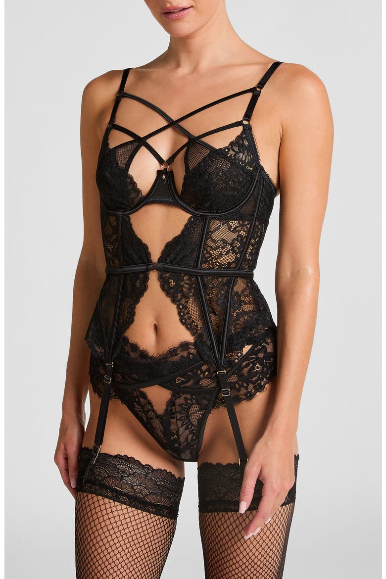 Anna Strappy Underwire Lace Basque, Alternate, color, CAVIAR