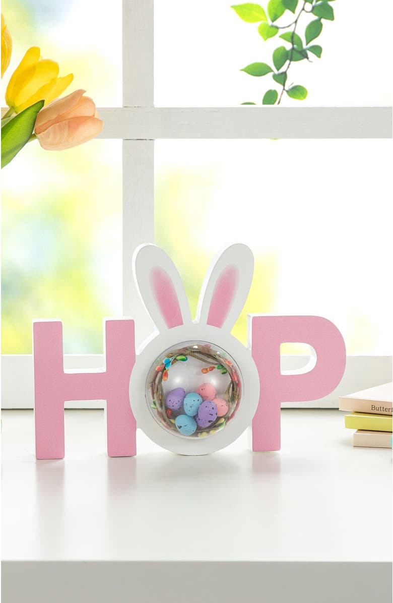 Glitzhome 10"L Easter Wooden Hop Table Decor, Alternate, color, Pink