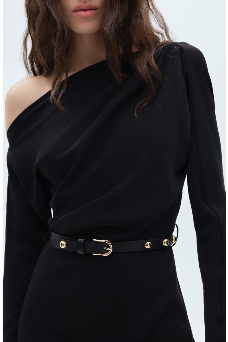 Belted Long Sleeve One-Shoulder Minidress, Alternate, color, BLACK