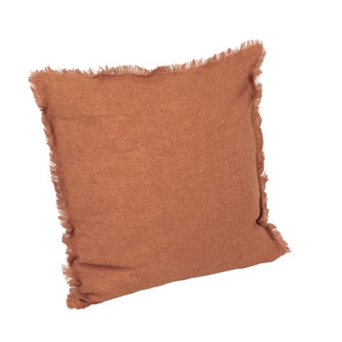Square Stonewashed Linen Pillow with Fringe, Rust