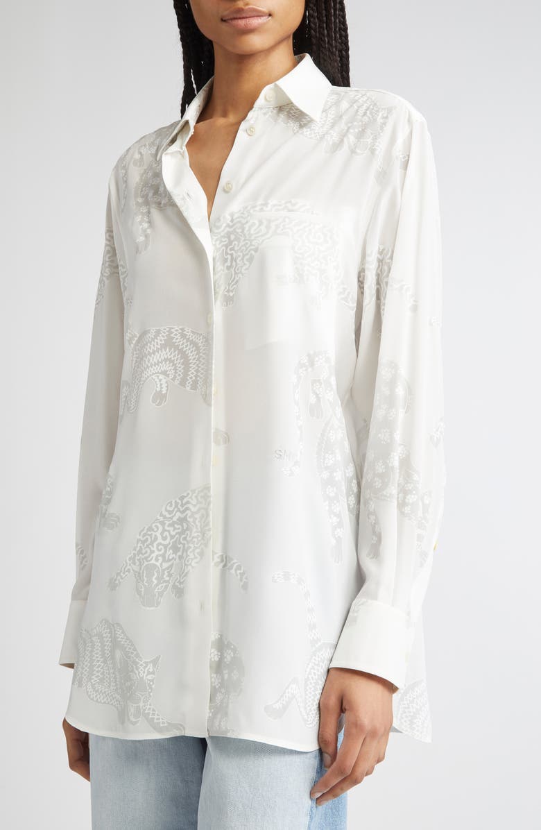 Stella McCartney Wildcat Print Silk Button-Up Shirt, Alternate, color, Natural