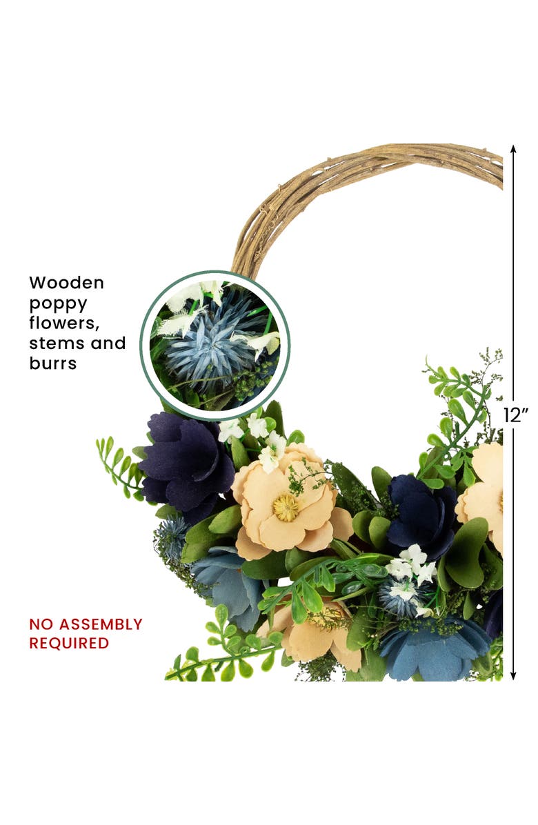 Northlight 12" Blue and Tan Poppy Floral Wooden Spring Basket Wreath, Alternate, color, 