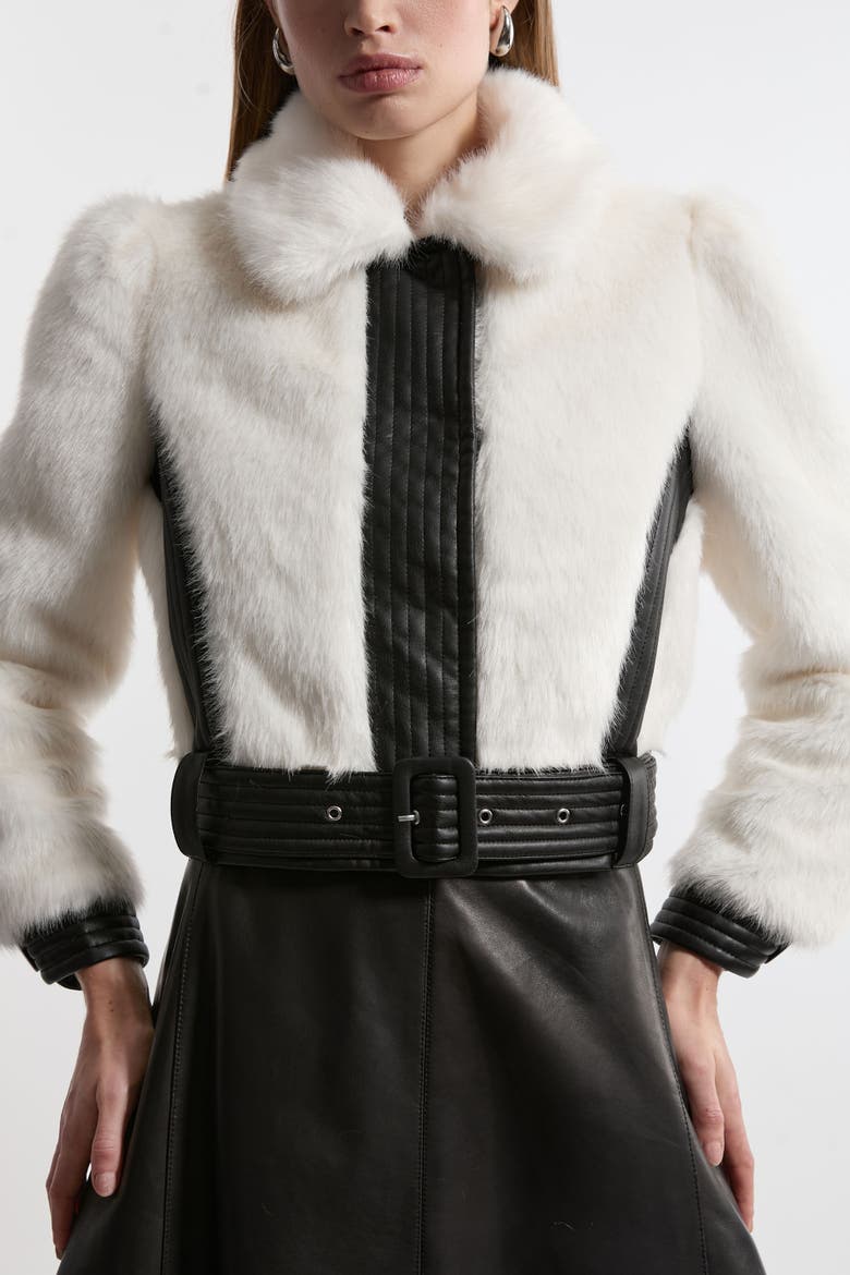 Faux Fur Pu Panel Belted Cropped Jacket, Alternate, color, Ivory