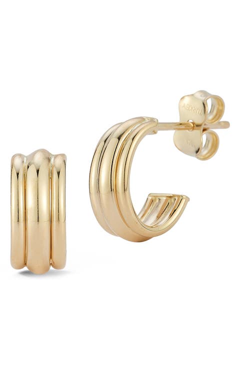 14K Yellow Gold Triple Huggie Hoop Earrings