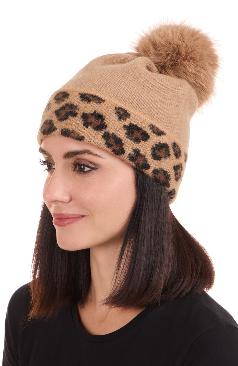 Bruno Magli Cashmere Leopard Pompom Beanie, Alternate, color, Camel/ Black