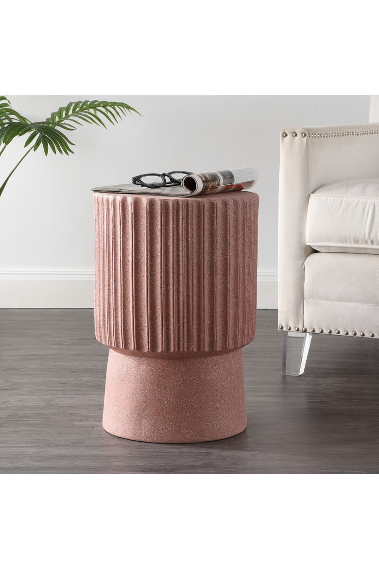 Louisa Modern Fluted Outdoor Accent Table, All-Weather Terrazzo Pedestal Garden Stool & Round Patio Side Table, Alternate, color, Pink Terrazzo