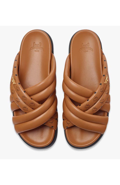 Mcm Monogram Print Cross Sandals In Cognac