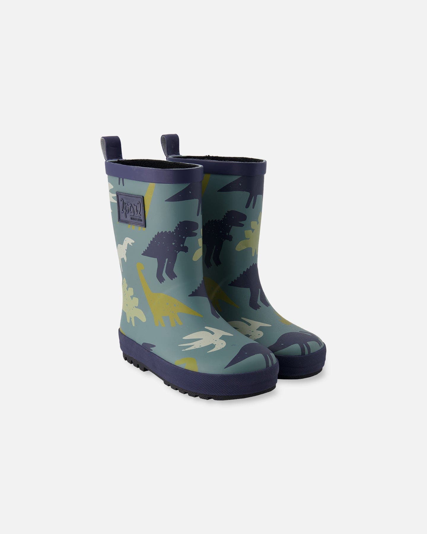 Deux par Deux Boy Waterproof Animal Rain Boots in Natural Rubber, Main, color, Green Dinosaur Print