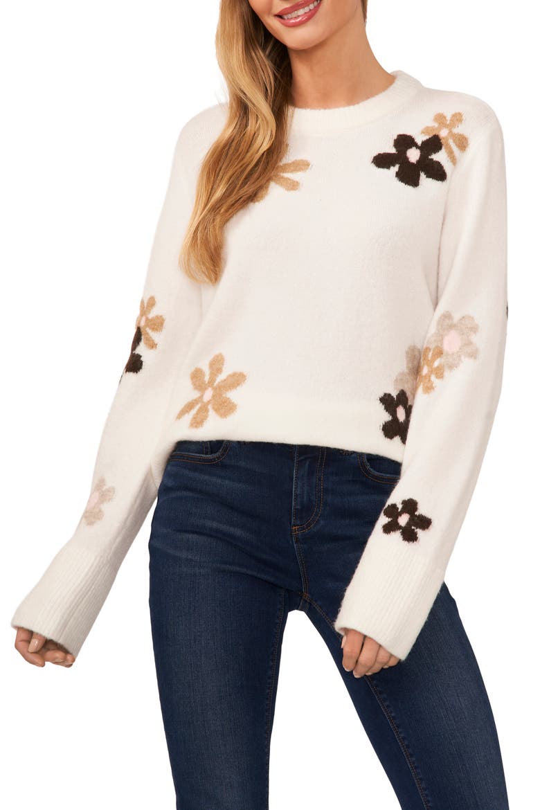 Floral Crewneck Sweater, Main, color, ANTIQUE WHITE