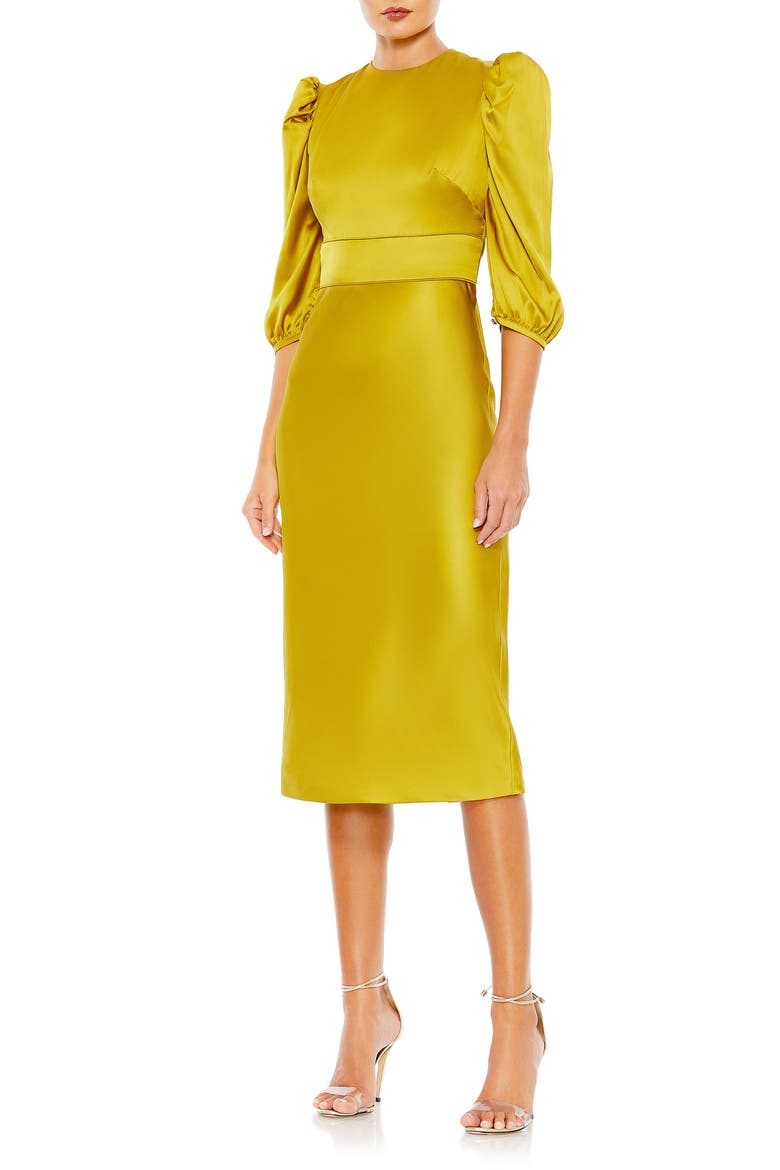 Puff Sleeve Satin Midi Cocktail Dress, Main, color, CHARTREUSE