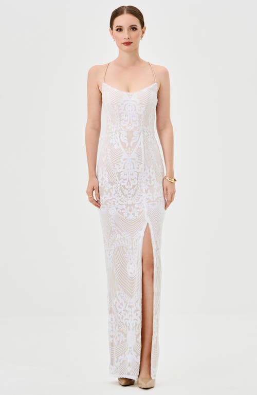 Bariano Sera Strappy Back Sequin Gown In White