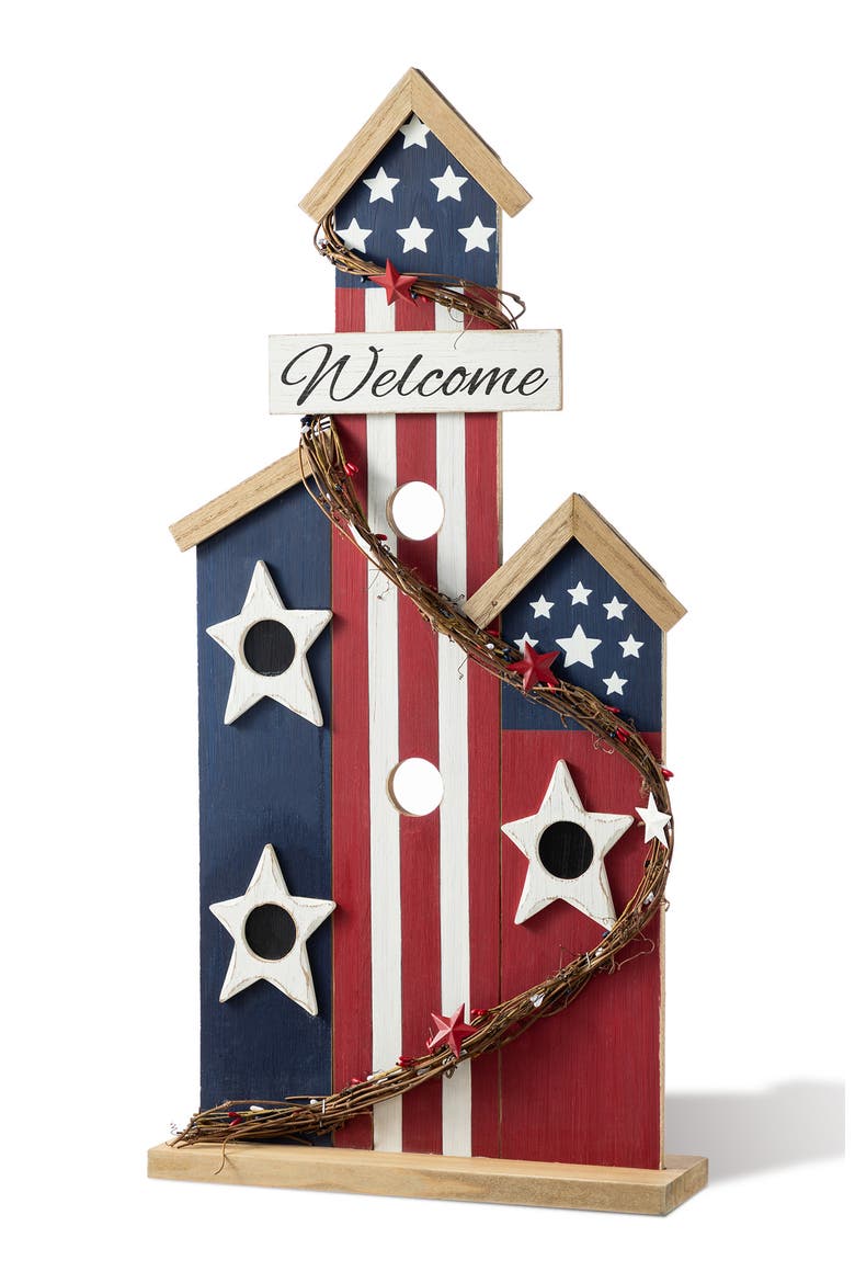 30"H Patriotic Americana Wooden Birdhouse Porch Decor, Main, color, Blue