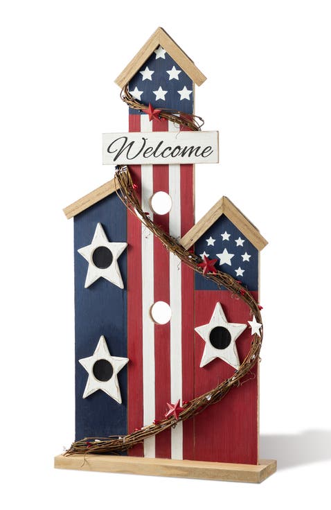 30"H Patriotic Americana Wooden Birdhouse Porch Decor