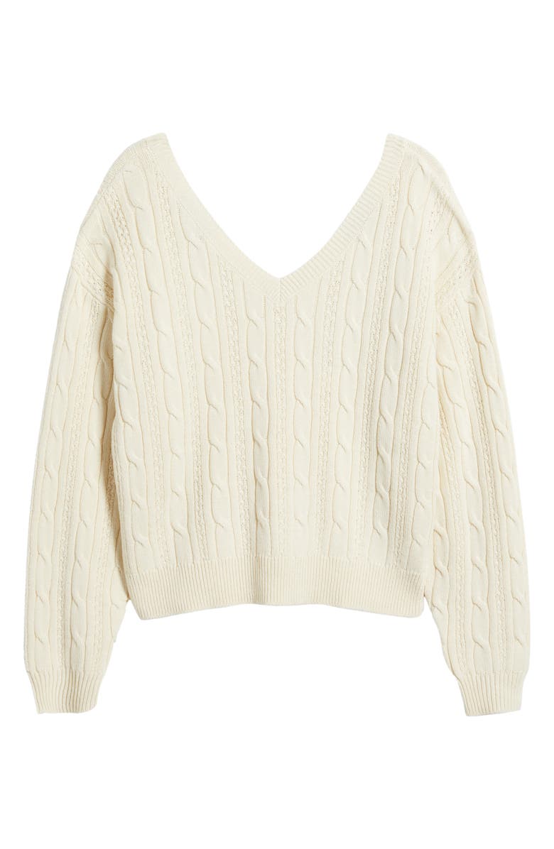 BP. Bow Back Cable Knit Sweater, Alternate, color, Ivory- Black Satin Bow