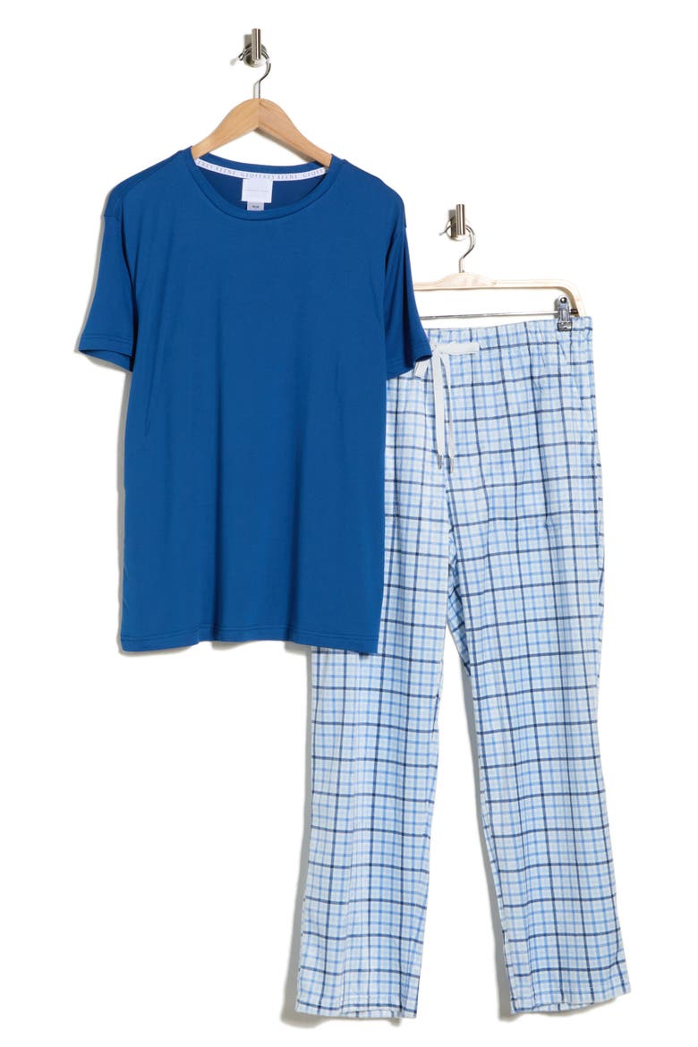 Crewneck T-Shirt & Plaid Pajama Pants Set, Alternate, color, BLUE