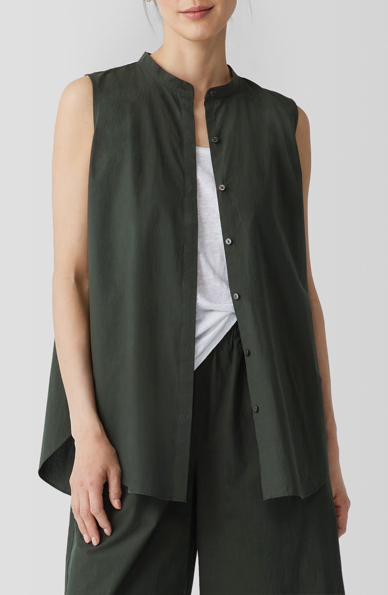 Eileen Fisher Sleeveless Organic Cotton Band Collar Shirt, Main, color, Seaweed