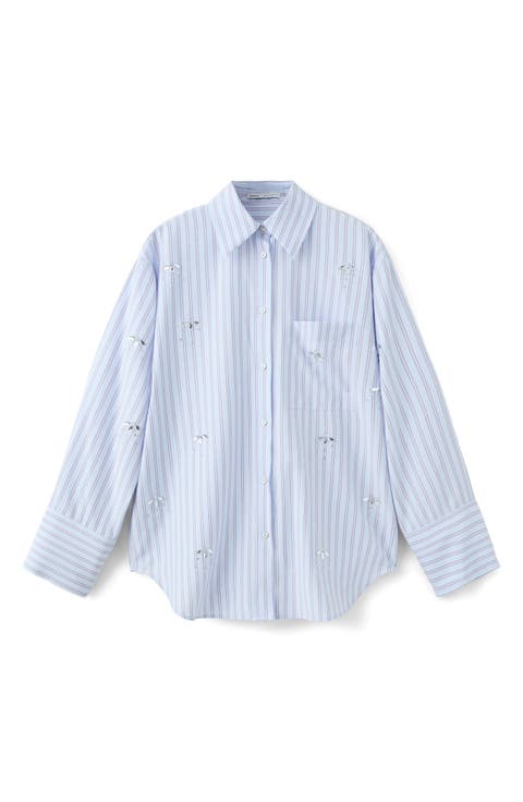 Crystal Embellished Stripe Button-Up Shirt