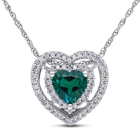 Gemstone & Diamond Halo Heart Necklace 10K