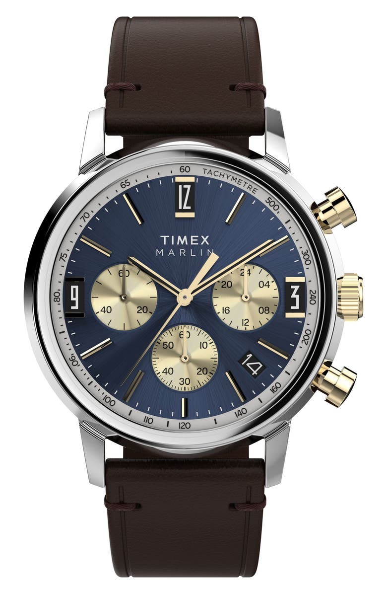 Timex<sup>®</sup> Marlin Chronograph Leather Strap Watch, 40mm, Main, color, Brown