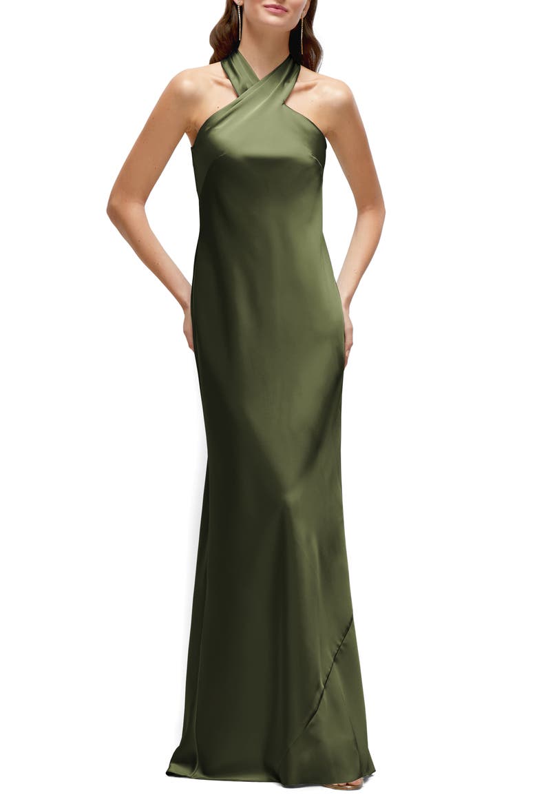 Bias Cut Stretch Satin Charmeuse Gown, Main, color, OLIVE GREEN