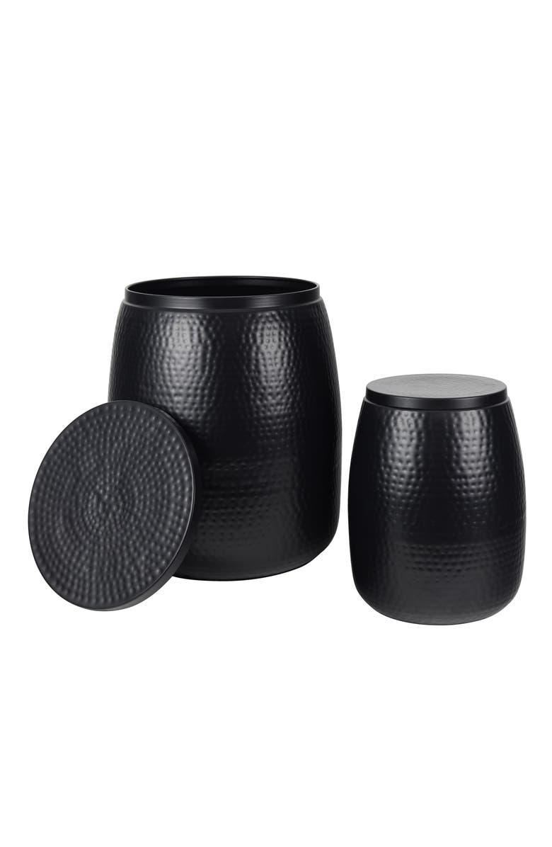 HAPPIMESS Merida Modern Rustic 2-Piece Hammered Metal Drum Storage Side Tables with Lids, Main, color, Matte Black