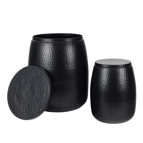 Merida Modern Rustic 2-Piece Hammered Metal Drum Storage Side Tables with Lids